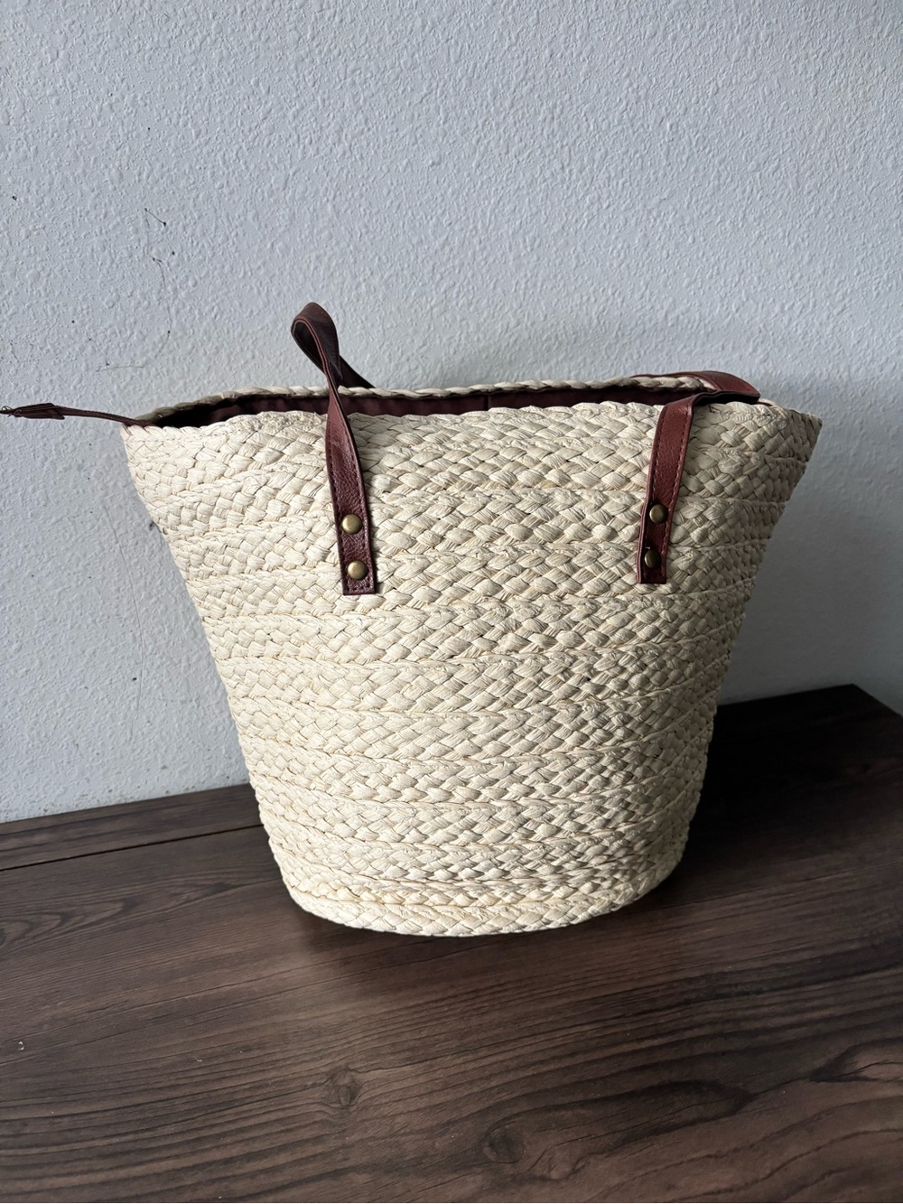 Woven Straw Tote Bag with Brown Leather Handles
